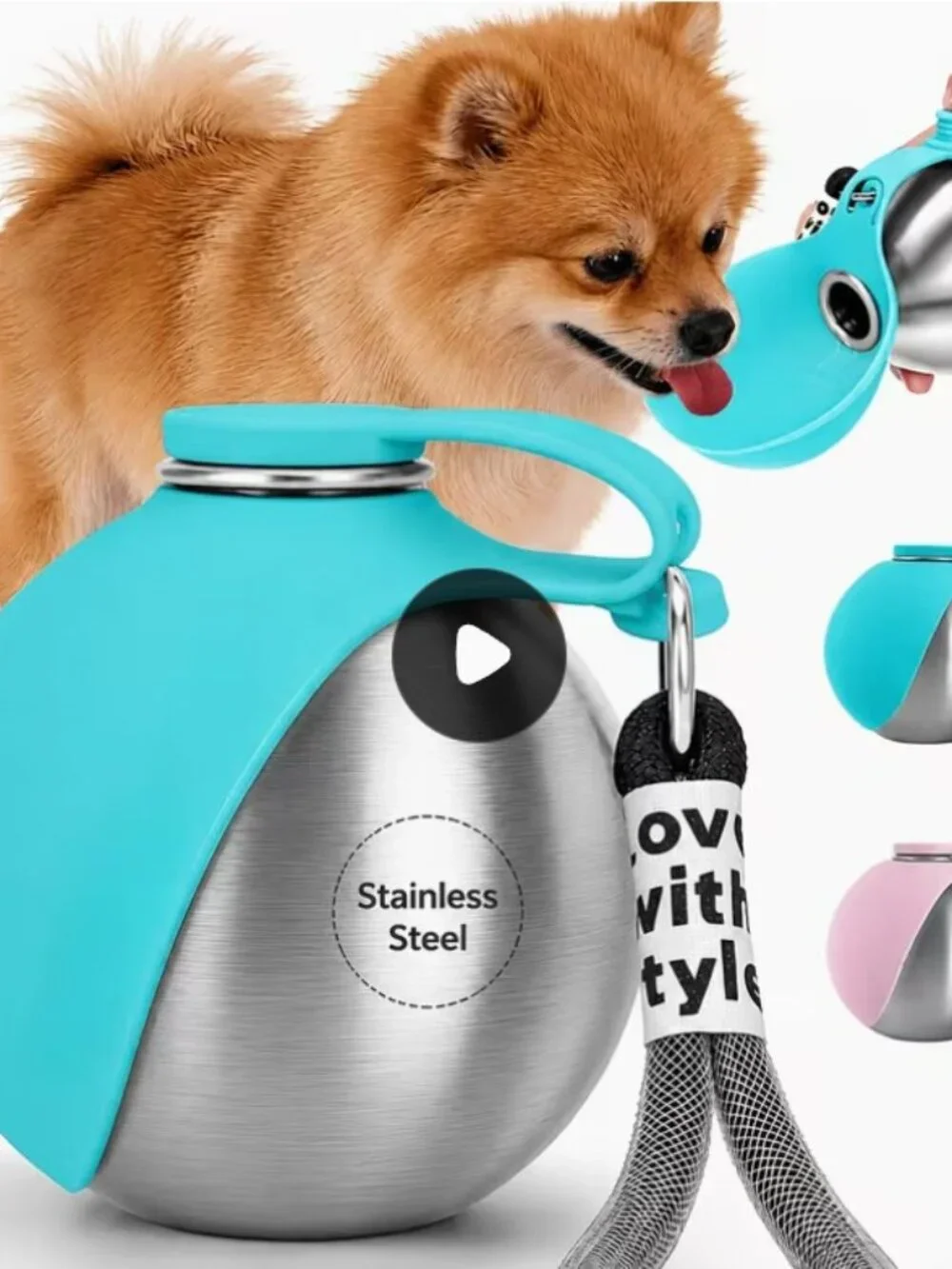 Super Design 2-in-1 Portable Dog Water Bottle Bowl 10 oz Stainless Steel NEW
